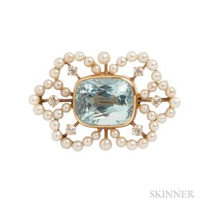 Antique Gold, Aquamarine, and Pearl Brooch