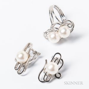 14kt White Gold and Cultured Pearl Ring and Pair of Earclips