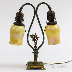 Art Nouveau-style Metal and Iridescent Glass Desk Lamp