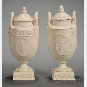 Pair of Wedgwood Queen's Ware Vases and Covers