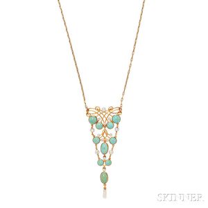 Art Nouveau 14kt Gold, Turquoise, and Pearl Pendant