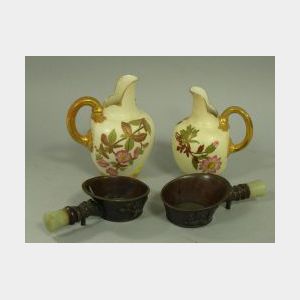 Pair of Chinese Jade Handled Bronze Cups and Royal Worcester and Austrian Floral Decorated Porcelain Creamers.