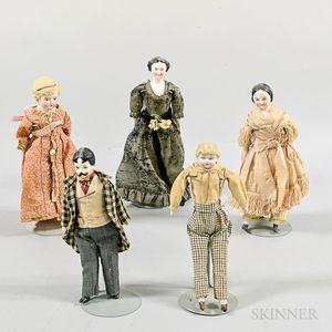 Five Bisque and China Dollhouse Dolls. 