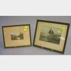 Framed Sawyer Hand-colored Echo Lake Photographic Print and a Framed Black and White Sailboat Photograph.