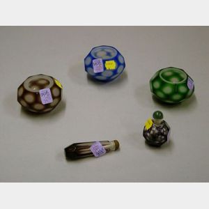 Two Faceted Peking Glass Snuff Bottles and Three Small Facet Jars.