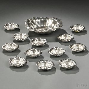 Watson Sterling Silver Floriform Nut Bowl and Twelve Cups