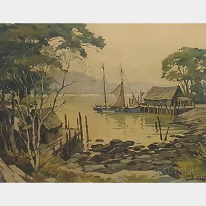 Framed Photo-reproduction of a Ted Kautzky Watercolor Harbor Scene