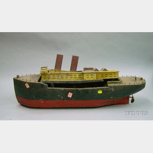 Painted Wood and Tin Toy Steam Boat