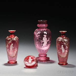 Four Pieces of Mary Gregory-style Enameled Cranberry-colored Glass