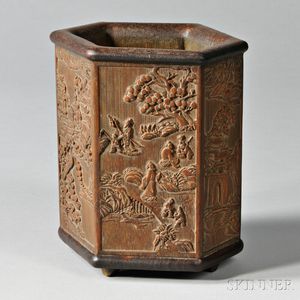 Carved Bamboo Bitong, China, hexagonal, with two narrower sides, each side depicting a Daoist paradise with trees and rocks, water with