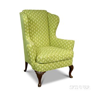 Queen Anne-style Carved Mahogany Celadon-upholstered Wing Chair