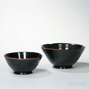Two Large Black-glazed Pottery Bowls