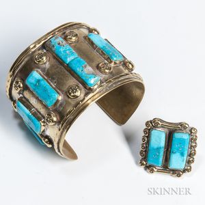 Southwest Brass and Turquoise Bracelet and Ring