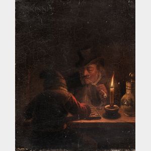 Dutch School, 17th Century Style Two Figures at a Game Board and Smoking by Candlelight