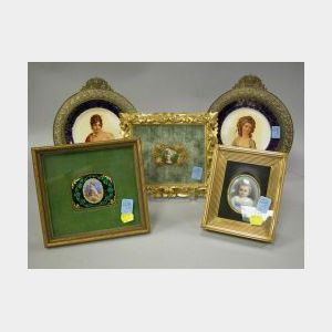 Pair of Gilt-metal Mounted Ceramic Cabinet Plates, Two Framed Miniature Portraits and a Framed Enamel Cherub Plaque.