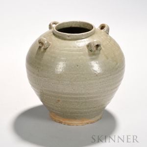 Ash-glazed Storage Jar, China, possibly Jin dynasty, bulbous form widening at the shoulders, with four small loop handles, all decorate