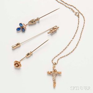 14kt Gold Cross and Chain with Three Stickpins