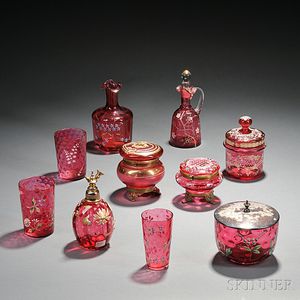 Ten Pieces of Enameled Cranberry-colored Glass