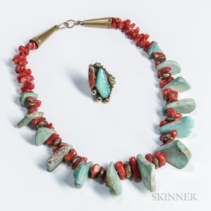Southwest Brass, Coral, and Turquoise Necklace and Ring