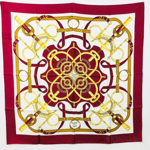 Three Hermes Silk Scarves "Les Cles," "Eperon d'Or," and "Grand Apparat,"