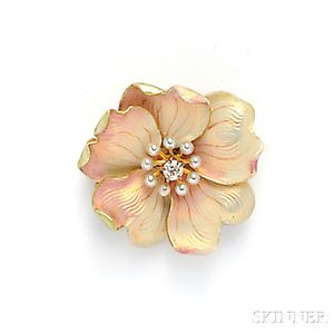 Art Nouveau 14kt Gold, Enamel, and Diamond Flower Brooch, Whiteside & Blank