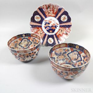Pair of Imari Porcelain Scalloped Bowls and a Charger