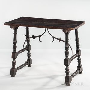 Renaissance Revival Elm, Walnut, and Wrought Iron Trestle Table