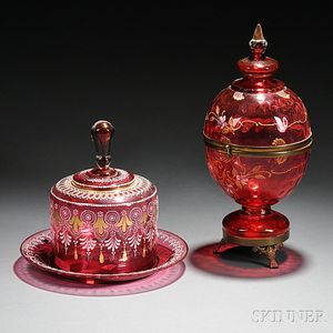 Two Pieces of Gilded and Enameled Cranberry Glass