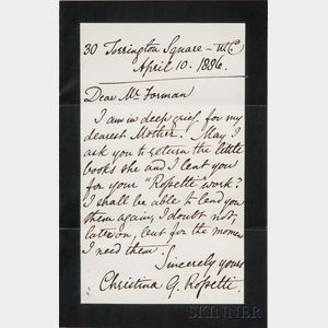 Rossetti, Christina (1830-1894) Autograph Letter, Autograph Sentiment, and Two Photographs of her Funeral.