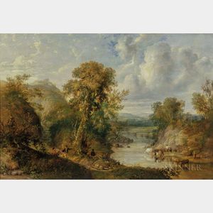 British School, 19th Century Animated River Landscape with Figures and Cattle