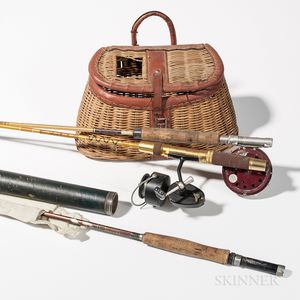 Three Vintage Fishing Rods and a Wicker Creel