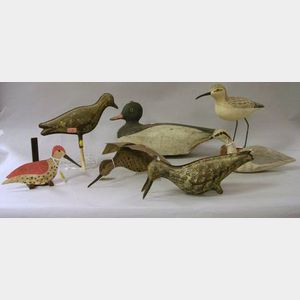 Seven Assorted Shorebird and Duck Decoys and Figures