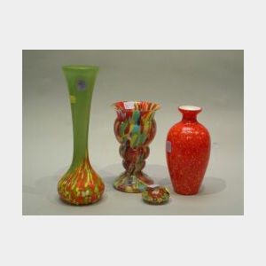Three Czech-type Art Glass Vases and a Millefiore Paperweight.