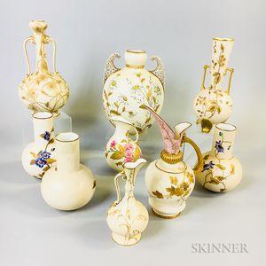 Nine Mostly Belleek and Greenwood Porcelain Vessels