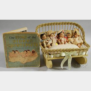 Set of Five Composition Dionne Quintuplet Dolls in a Painted Wicker Rocking Cradle