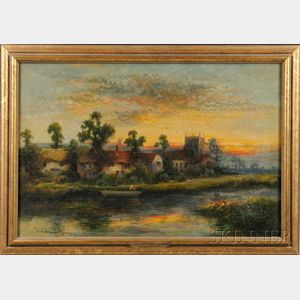 William Langley (British, fl. 1880-1920) Riverside Landscape at Sunset.