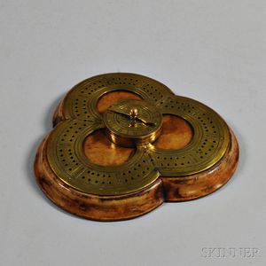 Engraved Brass-mounted Burlwood Trefoil-shaped Cribbage Board with Central Marker Dial/Box