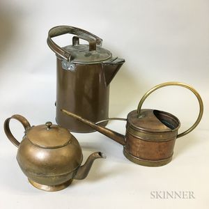 English Brass Teapot, a "Jatex" Watering Can, and a Large Copper Pitcher