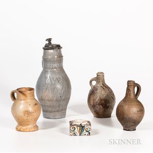 Four European Stoneware Items and a Faience Inkwell