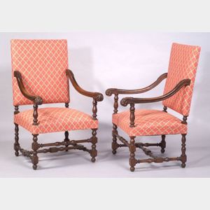 Pair of Flemish Baroque-style Carved Walnut Open Armchairs