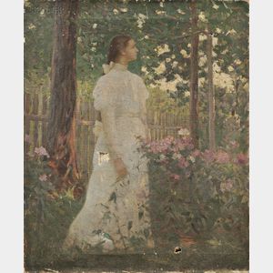 Jacob Wagner (American, 1852-1898) Woman in White in a Garden