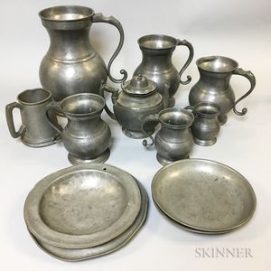 Seven Pewter Measures, a Teapot, and Four Plates