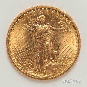 1908 $20 Motto St. Gaudens Double Eagle Gold Coin. 