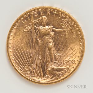 1908-D $20 Motto St. Gaudens Double Eagle Gold Coin. 