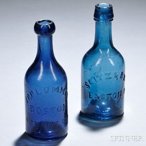 Two Blown-molded Blue Glass Soda Bottles
