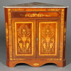 Continental Neoclassical Marble-top Marquetry Corner Cabinet