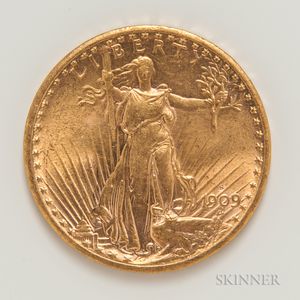 1909-S $20 St. Gaudens Double Eagle Gold Coin. 