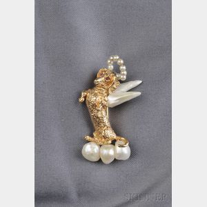 14kt Gold, Freshwater Pearl, and Ruby Dachshund Brooch, Ruser