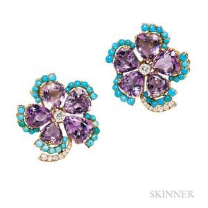 Pair of 18kt Gold, Amethyst, Turquoise, and Diamond Clip Brooches