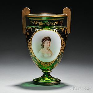 Bohemian Gilded and Enameled Emerald Glass Vase